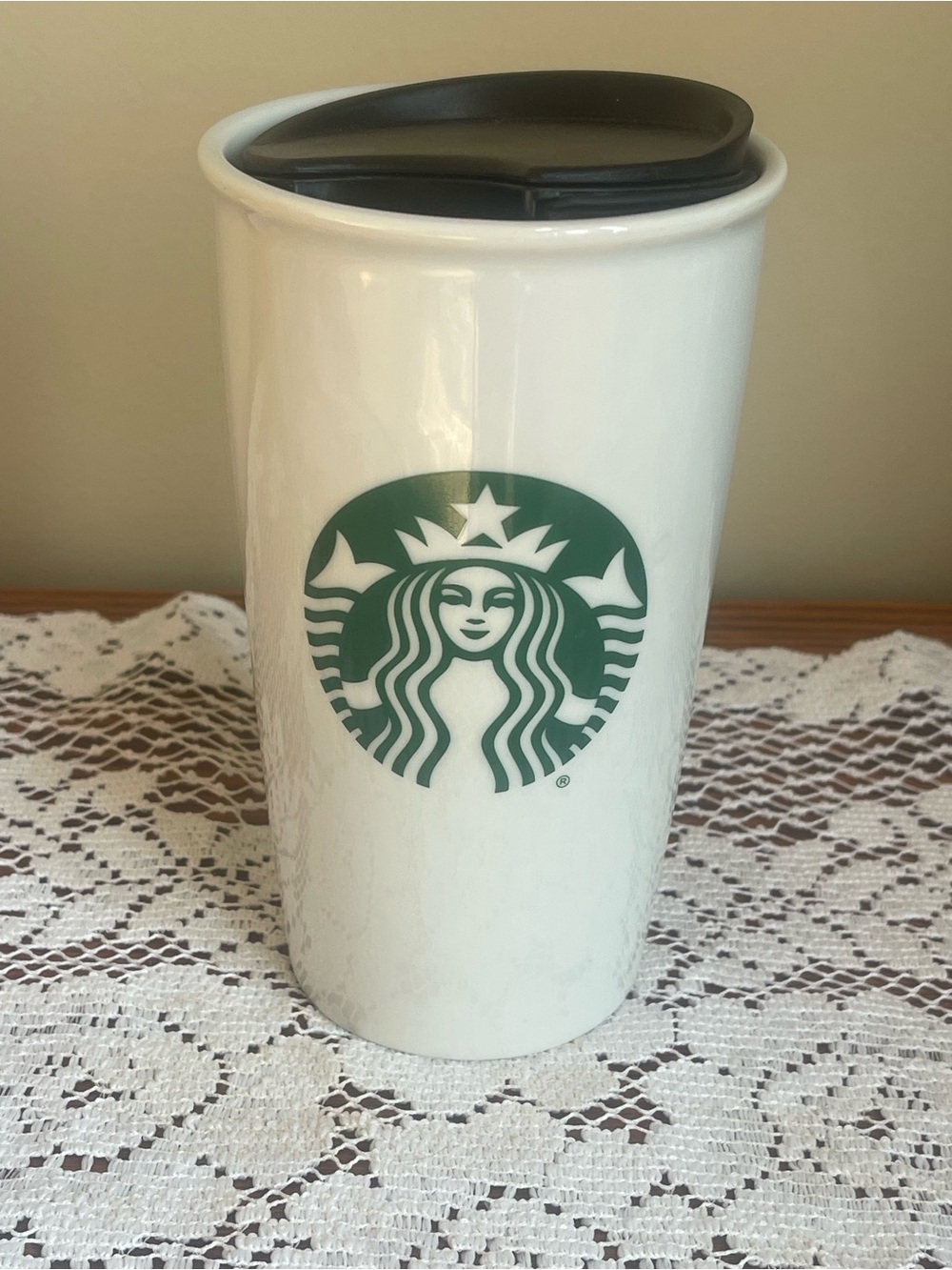 Starbucks 2016 White Ceramic Coffee Travel Mug Tumbler 12 oz With Lid Barista